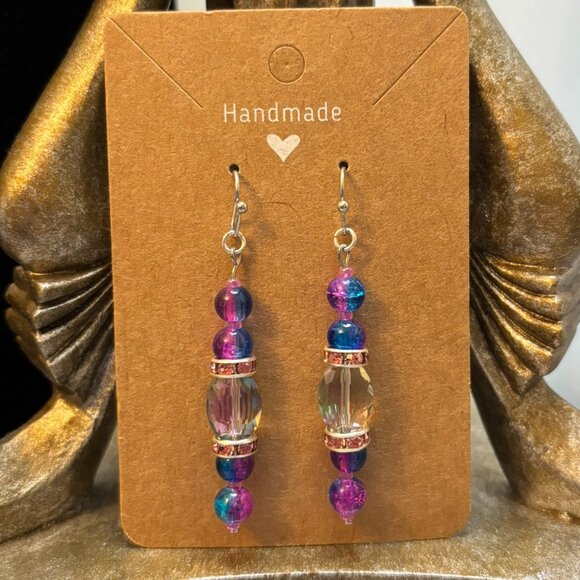 Handmade Multicolor Beaded Earrings – Pink, Blue & Crystal Sparkle Drops - Picture 1 of 3